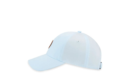 Light blue baseball cap with curved brim and adjustable strap on a plain background