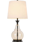 28 Inch Amber Glass Ginger Jar Table Lamp With Dark Bronze Metal Base And Clear Glass Body, Pear Shaped Design, Soft Ambient Lighting