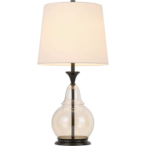28 Inch Amber Glass Ginger Jar Table Lamp With Dark Bronze Metal Base And Clear Glass Body, Pear Shaped Design, Soft Ambient Lighting