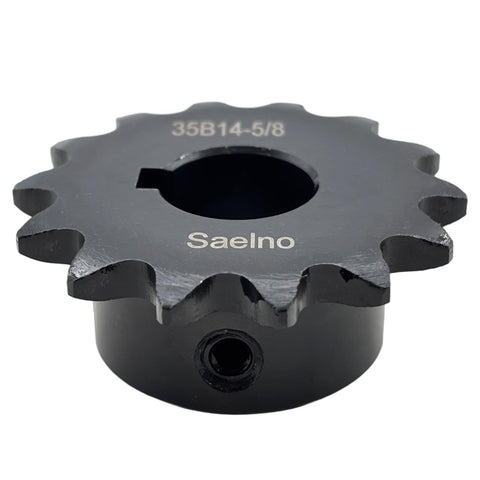 Roller Chain Sprocket Type B, 14 Tooth, Five Eighths Inch Bore, For ANSI Thirty Five Chain, 1045 Carbon Steel With Hardened Teeth, Two Setscrews At Ninety Degrees, Keyway Three Sixteenths By Thirty Two Inches, Built Tough Drive Gear