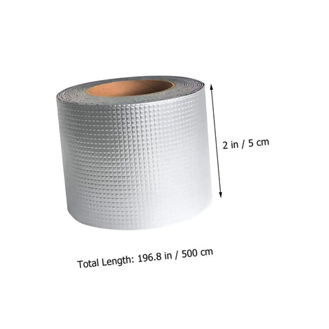 Heavy Duty Butyl Aluminum Foil Tape Sealant 2 Rolls That Work Like A Champ For Emergency Roof Leak Repair And Window Crack Fix Outdoor Pipe Leak Stop Tape Waterproof Sealing Tape For Glass Metal Wood Plastic Tiles And More, shown in a roll with measurements 2 in / 5 cm height and total length 196.8 in / 500 cm.