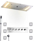 Top Shelf Thermostatic Shower System With Flush Mount Ceiling Head And Dual Massage Sprayers Featuring Sleek LED Display and brass controls.
