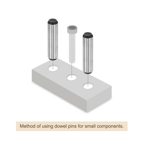 Diagram of Five Sixteenth Inch Dowel Pins, One Inch Length, Heat Treated Alloy Steel For Extra Hardness used for precise alignment.