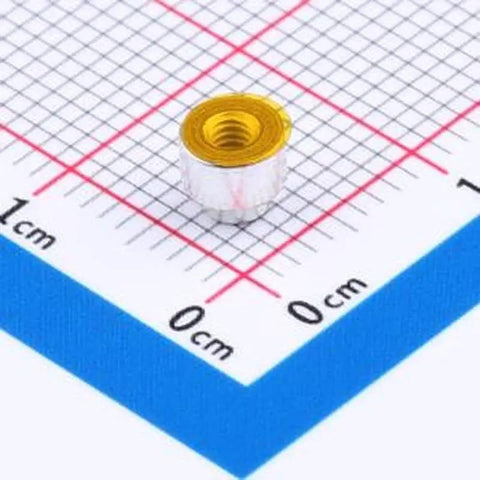 Close-up of a 20 Pack Smd Round Nut Column Pcb Connector, M2 X 2.5, with precision threads and tin coating for circuit board use.