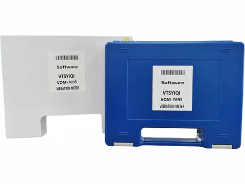 Vibe Meter Vibrometer For Machinery With RS232 Software And USB Cable Measures 0.01 To 400 mm/s For Onsite Quality Control, Commissioning, And Predictive Maintenance. Blue VTSYIQI VOM-7695 vibration meter case and software box.