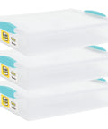 Stack of three Large 6 Quart Plastic Storage Containers With Lids 14 X 11 X 3 Inches, Stackable Clip Boxes For Organizing