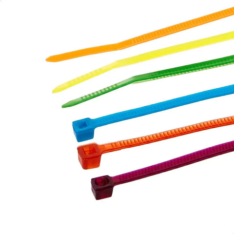 Multicolor Zip Ties Set 4 Inch 100mm 480 Pack Self Locking Cable Ties in orange, yellow, green, blue, red, and purple.