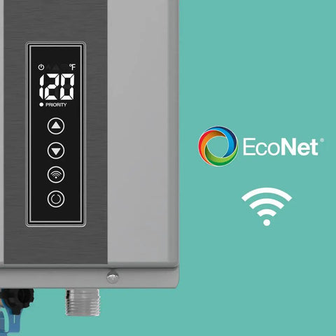 Whopping Natural Gas Tankless Water Heater Delivering Endless Hot Water At 9.5 Gallons Per Minute With 199 Thousand Btus control panel with digital display.
