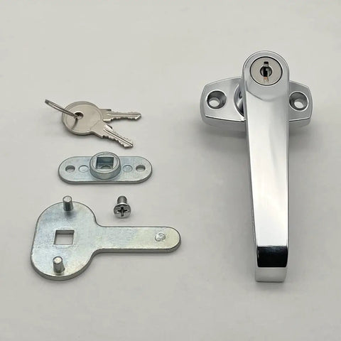 Built Tough L Shape Lever Door Locks For Cabinets Set Of Two Glossy Chrome Plated Zinc Alloy Cam Handles with keys and mounting parts.