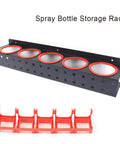 Heavy Duty Wall Mounted Spray Bottle Caddy With Five Reinforced Steel Hooks For Garage Organization, showing spray bottle rack and hooks.