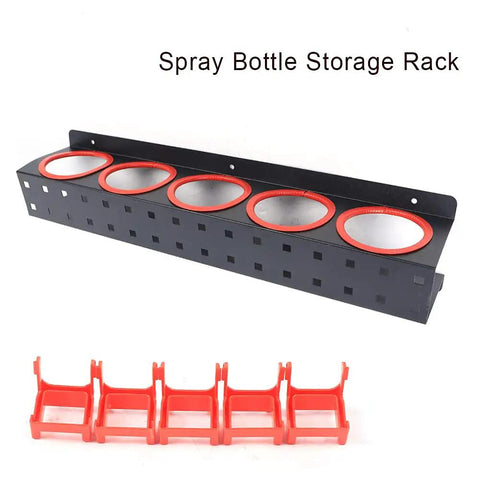 Heavy Duty Wall Mounted Spray Bottle Caddy With Five Reinforced Steel Hooks For Garage Organization, showing spray bottle rack and hooks.