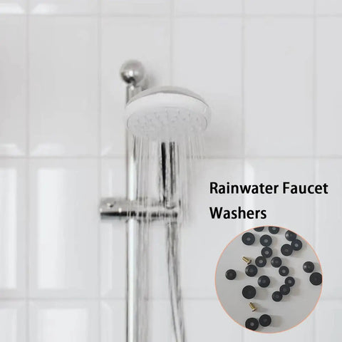 Showerhead with water drops and inset of Faucet Washers Assortment Kit With Flat And Beveled Rubber Washers, Brass Bibb Screws.