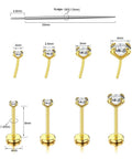 Threadless Flat Back Earrings Set For Tragus Cartilage Nose Lip Medusa Piercings, 18G 316L Surgical Steel Hypoallergenic Gold Tone Labret Posts With 2 To 2.5 To 3 To 4mm CZ Ends, 4 Pairs, 8 Pieces, Insertion Pin, Velvet Bag image showing gold-tone posts and CZ ends.