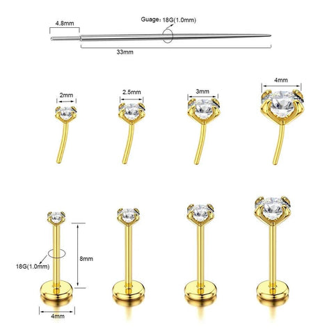 Threadless Flat Back Earrings Set For Tragus Cartilage Nose Lip Medusa Piercings, 18G 316L Surgical Steel Hypoallergenic Gold Tone Labret Posts With 2 To 2.5 To 3 To 4mm CZ Ends, 4 Pairs, 8 Pieces, Insertion Pin, Velvet Bag image showing gold-tone posts and CZ ends.