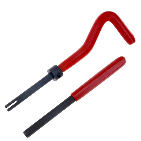 Close-up of two pieces from Garage Grade Metric Thread Repair Kit Master Set For Auto Repairs 15 Piece M9x1.25 with red handles