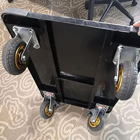 Folding Flatbed Cart With 360 Degree Swivel Wheels For Home And Garden, Heavy Duty Steel Platform Utility Dolly Workhorse With Ergonomic Handle, High Capacity Load Carrier For Auto Shop, Warehouse Or Basement Moving., underside view of black steel 870x580 mm cart with swivel wheels