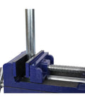 Solid Cast Iron Cross Slide Vise, 4 Inch Drill Press Vise with blue finish and dual axis sliders for precision adjustments.