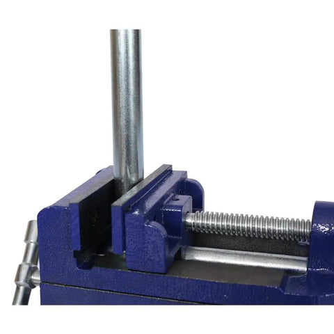 Solid Cast Iron Cross Slide Vise, 4 Inch Drill Press Vise with blue finish and dual axis sliders for precision adjustments.
