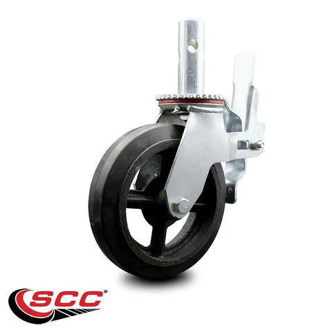 Swivel Scaffold Wheel Caster With Rubber On Cast Iron Core, Eight Inch By Two Inch Wheel, One And Three Eighths Inch Stem, Double Total Lock Brakes