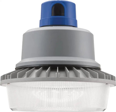 Close-up of Outdoor BGR P2 LED Dusk To Dawn Security Light Gray 4000K Efficient 36W 4700 Lumen Mega Bright Floodlight with ribbed lens.