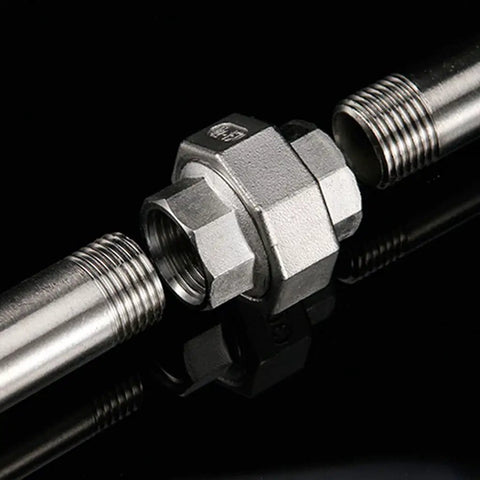 Rock Solid 304 Stainless Steel Coupling Union Pipe Connector Featuring Female To Female Threads showing connector with threaded ends.