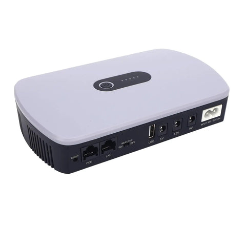 Heavy Duty 10400mAh UPS Battery Backup For Router Modem And Security Cameras with power outlets and interfaces.