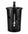 Heavy Duty Utility Sink Sewage Pump With 33 Gal Holding Tank, 5000 GPH Output, Half HP Motor, 28 Ft Max Head, ETL Certified For Basements And Laundry Spaces, Solid Build Takes The Water Grind Off Your Plate, showing black tank with pump and outlet.