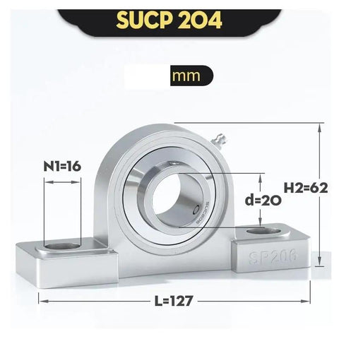 Rock Solid 304 Stainless Steel Insert Ball Bearing SUCP204 Series Pillow Block Unit with measurements for industrial applications.