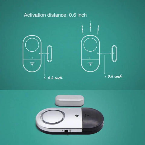 120 dB Door And Window Alarm Sensor Kit 3 Pack with activation distance illustration on green background