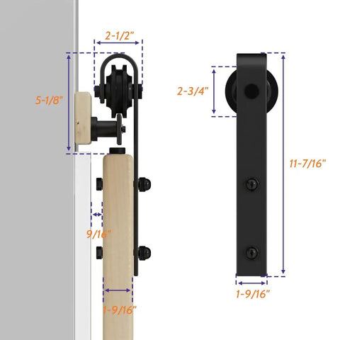 Side view of 6 Ft Sliding Barn Door Hardware Kit With Black Track, 1 Quarter Inch Carbon Steel Rails, showcasing J Shape Wheel System