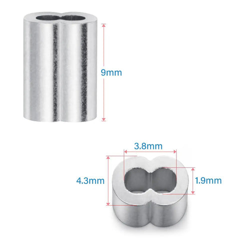 100 Pack 1/16 Inch Aluminum Crimping Sleeves Loops For 1.5mm Wire Rope Ferrules, 9mm x 4.3mm