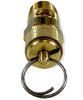 Brass 1/4 in NPT safety pressure relief valve, front view with circular end and metal retaining ring.