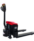 Huge Hauler Rechargeable Electric Pallet Jack With 3300 Lbs Capacity, fat PU wheels, electric controls for warehouses and factories.