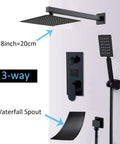 UMJIGF Led Digital Display Shower System Wall Mounted Concealed Shower Faucet Set Multifunction Matte Black Shower Combo Set with Shower Head, Handheld Shower, Waterfall Tub SPO, 8 Inch with control panel and shower head.