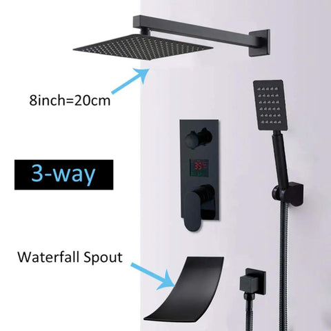 UMJIGF Led Digital Display Shower System Wall Mounted Concealed Shower Faucet Set Multifunction Matte Black Shower Combo Set with Shower Head, Handheld Shower, Waterfall Tub SPO, 8 Inch with control panel and shower head.