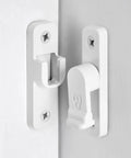 Heavy Duty White Zinc Alloy Barn Door Latch Hardware For Sliding Wooden Doors Super Slick Right Angle Lock close-up view.