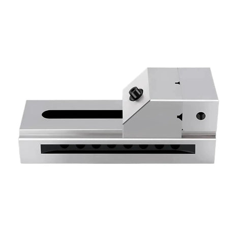 Heavy Duty Manual Vise Built Like A Tank With 2.5 To 3.5 Inch Jaw Capacity Deadlock Precision Grip For Square Stock Rapid Locking System Compatible With Cnc Lathes And Milling Machines, shown from the side.