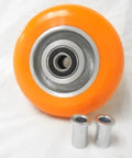 Heavy Duty Kingpinless Swivel Casters Set Of Four With Solid Foot Brakes 6 Inch Orange Polyurethane Wheels, aluminum core and sealed bearing.
