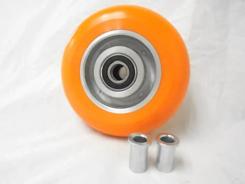 Heavy Duty Kingpinless Swivel Casters Set Of Four With Solid Foot Brakes 6 Inch Orange Polyurethane Wheels, aluminum core and sealed bearing.