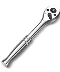 Three Eighth Inch Drive Ratchet With 90-Tooth Quick Release, Four Degree Swing, Reversible Handle, Chrome Alloy Finish, Pro Grade Chrome Vanadium Build, Durable And Easy To Clean For Auto, Home, And DIY Repairs, 3/8-inch ratchet on white background