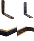 Heavy Duty Black L Brackets For Solid Wood And Furniture Joints Super Reinforced Right Angle Shelf Supports showing two angles of brackets with mounting holes.