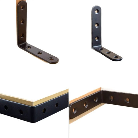 Heavy Duty Black L Brackets For Solid Wood And Furniture Joints Super Reinforced Right Angle Shelf Supports showing two angles of brackets with mounting holes.