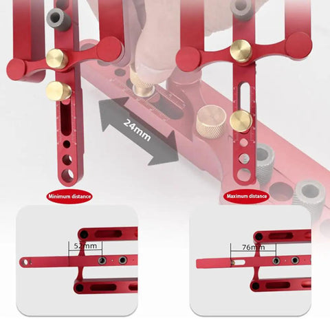 Heavy Duty Self Centering Dowel Jig Setup With Fast Grip Positioner Locator showing adjustable distances of 52mm and 76mm.
