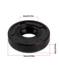 Rotary shaft oil seal, black rubber, 8x18x5 mm; close-up view with measurements; compatible with Milwaukee 2771-20 transfer pump