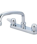 Two Handle Cast Brass Kitchen Faucet Model 0125A, 6 Inch Installation, Chrome Finish, dual handles and swivel spout visible