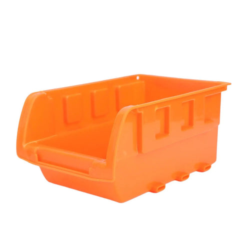 Wall Mounted Hardware Storage Bins Set With 8 Stackable Bins And 3 Tracks For Garage Organization, close-up of an orange bin
