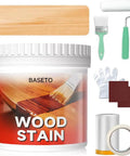 Product set featuring Hassle Free Water Based Wood Stain All In One with brushes, roller, and wood samples.