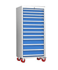 Heavy Duty Steel Tool Cabinet Shop Grade Rolling Cart Pro Built With Thirteen Wide Drawers Durable Waterproof Garage Workshop Organizer For Parts And Tools Storage, blue drawers and wheels visible.