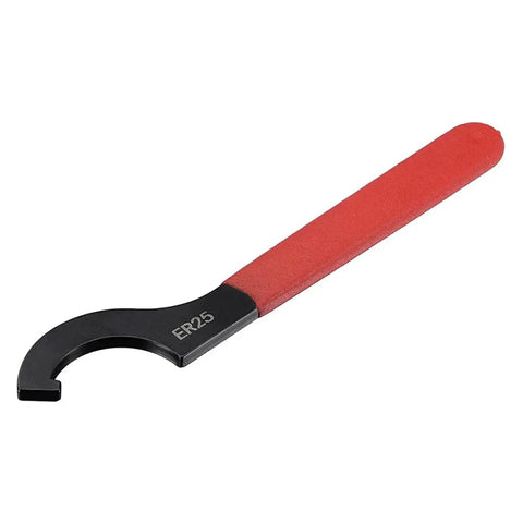 Heavy Duty High Carbon Steel Er25 Er32 Er40 Hook Wrench Spanner With Anti Slip Grip For Precise Tightening Lathe Milling Chuck Collet Clamping, showing ER25 size with red rubber handle.