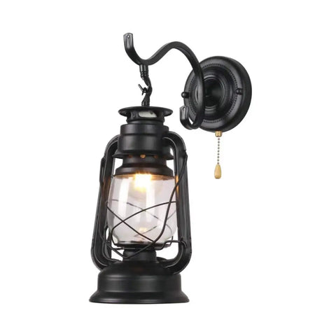 Pull Chain Lantern Wall Sconce With Metal Frame And Transparent Glass Shade, Old School Rustic Vibe, Wall Mount Lamp for indoors